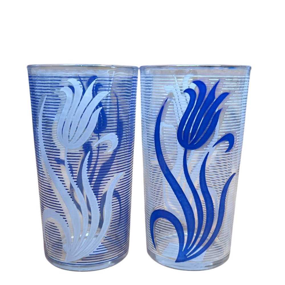 Vintage Hazel Atlas Blue White Tulips Tumbler Glasses Set of 2‎ Retro Drinkware